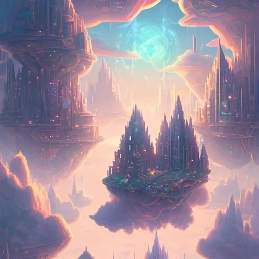 Prompt: a floating city located in a world full of clouds and cores. The buildings are made of iridescent crystals that shimmer in soft hues, reflecting sunlight that penetrates through gaps in the clouds.