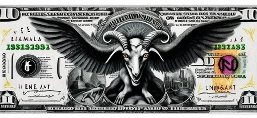 Prompt: baphomet, alchemical, occult, knights Templar, goat head, fiat banking, pyramid eye monster crying blood,, dollar bill printing, debt, bankers, blood driping, chains, slavery, evil, centered, perfectly framed,