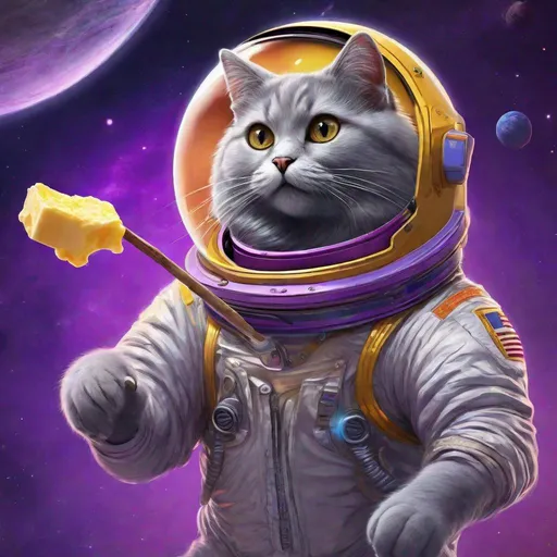 Prompt: Brilliant Striking concept art of a gray cat in a space suit named Ricky. Floating through empty space holding a stick of butter. Exquisite Detail Everything is perfectly to scale, HD, UHD, 8k Resolution, Vibrant Colorful Award winning Image with a purple color scheme