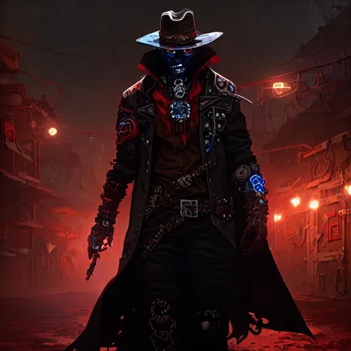 Prompt: Cyber Cowboy with 4 Arms, fiery red Poncho, Dressed in black duster and Stetson Cowboy Hat, with Red eyes, Haunting Presence, Intricately Detailed, Hyperdetailed, Desert Wild West Landscape, Dusty Midnight Lighting, Wild West Feel