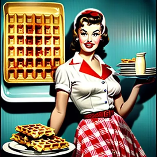 Prompt: 1950's pin up, waitress, holding a plate of waffles and a container of syrup 