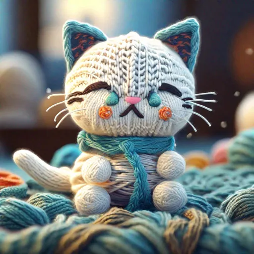 Prompt: "A 3d Knitted kitten with yarn, Woven with 3D printing, made of 3Delight, adorable, chibified, Knit masterpiece, cute,intricately detailed, Moonlit Sea ,oil painting by vanGogh ,Ben Bocquelet , CyrilRolando, DanMumford , CGSociety, characterdesign, digital illustration, 8kresolution Unity 3D 3DEXCITE 3D shading"