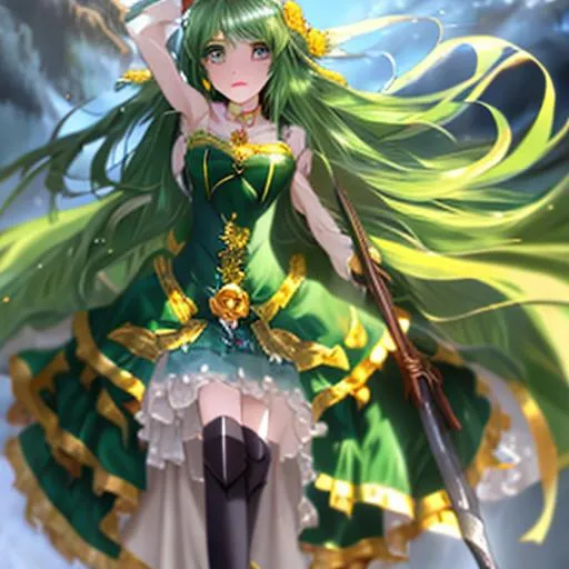 Prompt: (masterpiece), anime art, best quality, expressive eyes, perfect face, 1girl, fourteen years old girl, full body, long green hair, long hair, unbound hair, green right eye, blue left eye, heterochromatic eyes, standing, holding a pike, weapon, gauntlets, greaves, thigh highs armour, green dress with yellow ribbons, open front gown, green gown, choker with a green gem, strings connected to the body, strings going upward, giant hands above, black gloved hands above, strings emanating from the giant hands