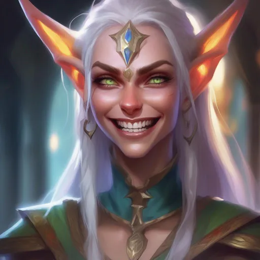 Prompt: d&d eladrin arcane trickster, mad toothy grin, heroic, brightly glowing eyes, badass, magic AF, colorful, chaotic, dangerous, hi res, lucky, femme, gorgeous, long elf ears, unhinged, creepy