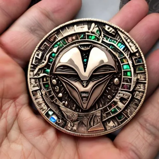 Prompt: alien jeweled coin, surprise me