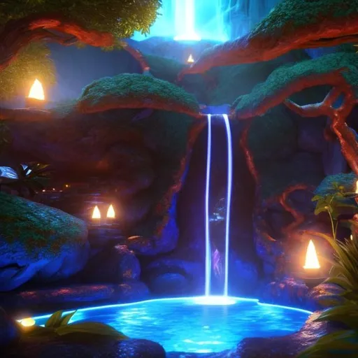 Prompt: Envision a glowing waterfall in a lush forest. Fantasy, another dimension. Hyperrealistic, UHD, HD, 8K, a portal rests besides the river