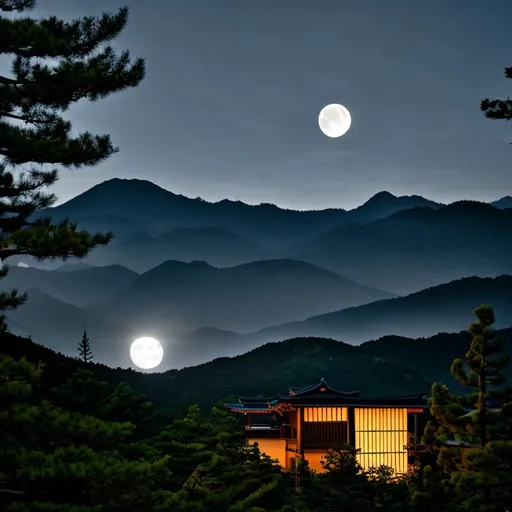 Prompt: japanese house, horror, at midnight ,  full moon over the mountains, mountain , dark forest , fire's , 