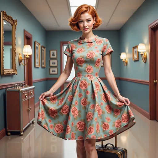 Prompt: a  stylish woman  of the 50's in a dress with roses on it is standing in a hallway with luggage and a suitcase behind her, Edwin Georgi, kitsch movement, fashion photography, a photorealistic painting
