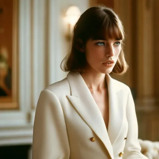 Prompt: Highest quality picture of a young Jane Birkin in a Wes Anderson Movie wearing Dior haute couture 