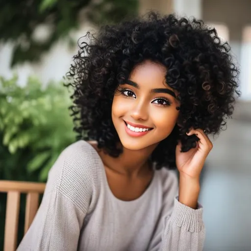 Prompt: A girl with dark brown skin, soft black curly hair,