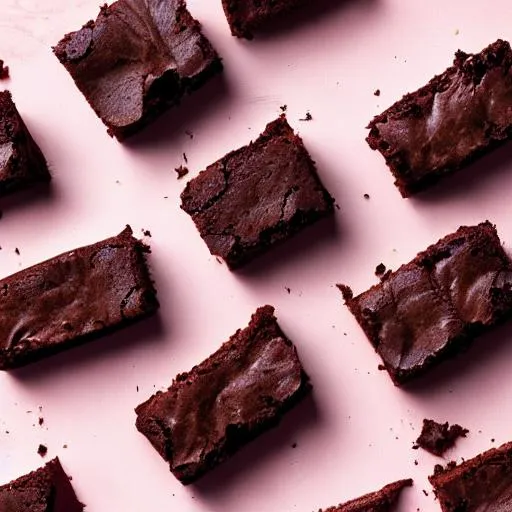 Prompt: brownies on light pink background with coffee 
