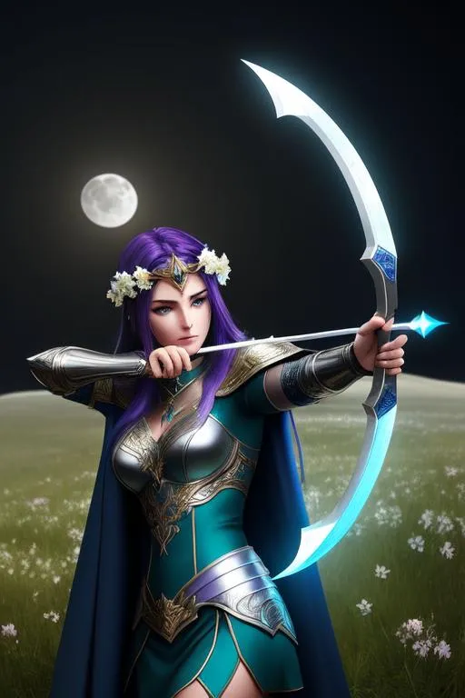 Prompt: Half body portrait of a Artemis the gorgeous hunterss , purple  hair, blue eyes, wearing  elven armour and cloak , a dark ambient light in a moonlit landscape ,moonlight, green meadow white flowers , pretty girl, perfect anatomy, centered, highly detailed, character sheet, artstation, concept art, smooth, sharp focus, illustration, intricate, elegant, 8K,  unreal engine,symmetry, perspective