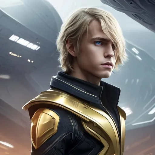 Prompt: attractive young french male, golden blonde shoulder-length hair, grey eyes, thoughtful expression, simple tight black uniform, futuristic spaceship bridge, portrait, realistic details photorealistic, 8K render, cinematic lighting,  ultra detailed