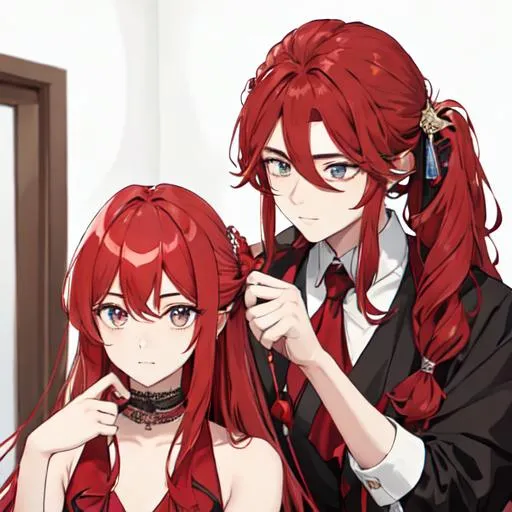 Prompt: Zerif 1male (Red side-swept hair covering his right eye) helping Haley get ready for a wedding