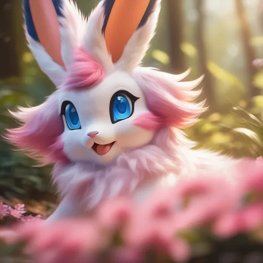 Prompt: Sylveon, realistic, photograph, epic oil painting, hyper real, furry, hyper detailed, extremely beautiful, sprawling on back, belly up, paws up, UHD, studio lighting, best quality, professional, 8k eyes, 8k, highly detailed, highly detailed fur, canine quadruped, (high quality fur), fluffy, fuzzy, full body shot, zoomed out view of character, perfect composition, trending, instagram, artstation, unreal engine, high octane, cute, adorable smile, peaceful, (highly detailed background), vivid, vibrant, intricate facial detail, incredibly sharp detailed eyes, incredibly realistic golden retriever fur, concept art, anne stokes, yuino chiri, character reveal, extremely detailed fur, rich shading, vivid colors, high saturation colors, nintendo, pokemon, silver light beams