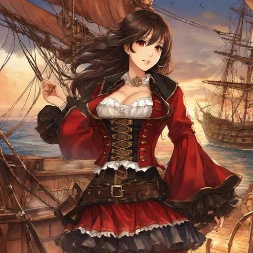 Prompt: anime art, pretty young Indonesian woman, 25 year old, (round face, high cheekbones, almond-shaped brown eyes, small delicate nose), ((pirate costume)), (red bustier corset, lace jacket), background pirate ships fighting, Japanese manga, Pixiv, Fantia