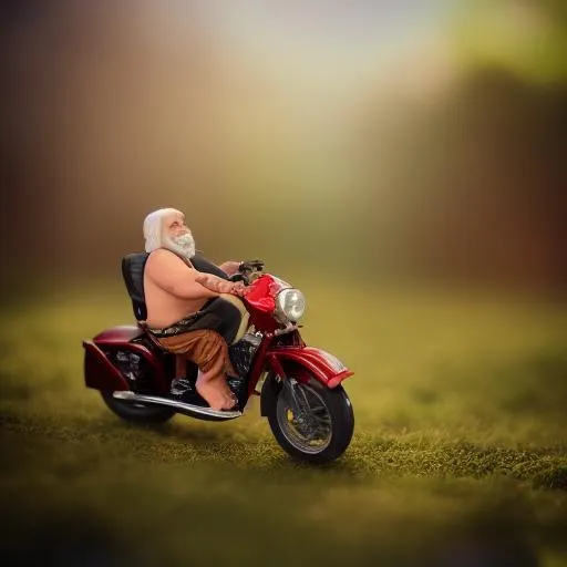 Prompt: a mikro dwarf riding a huge motorcycle, ultra realistic, 8k, 100mm, tilt shift