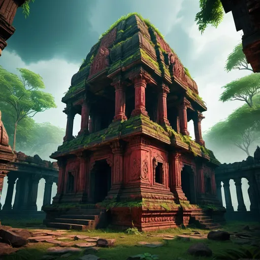 Prompt: War Temple Ruin, South Indian Architecture, entire structure, partly destructed, ghostly atmosphere, strongly overgrown by djungle, red and black marble materials, lush green surroundings, intricate carvings and ornate details, immersive world-building, high quality, detailed, epic scale, fantasy, game style, vibrant colors, atmospheric lighting