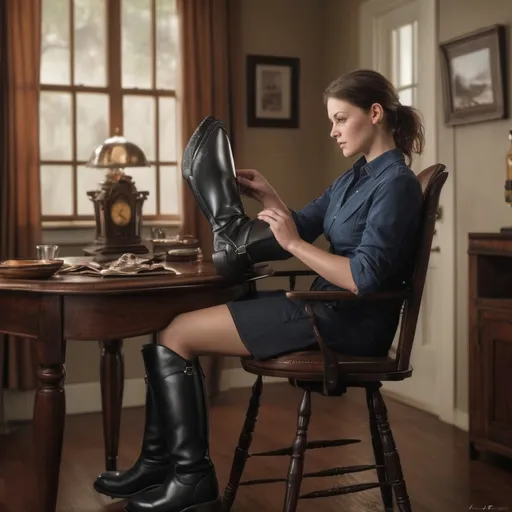 Prompt: Andi McDowell sitting in a high chair, butler polishing her riding boots, photorealistic, 12K full frame, ISO 400, detailed face, intricate leather textures, high-quality, professional, detailed eyes, realistic, polished leather, atmospheric lighting