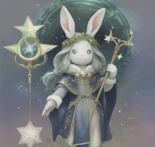 Prompt: Druid of dreams rabbit with star and space motif,  holding staff, story book style, greenery 