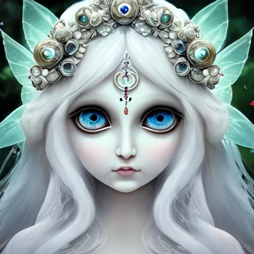 Prompt: White fairy goddess, large eyes, beautiful, closeup of tthe face, patel background
