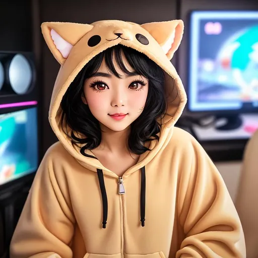 Prompt: Portrait photo, full body, 21 years old, short black hair, glowing skin, glossy stained lips, dewy blush on the cheeks, and super big bright eyes, thin face, beige kawaii cat onesie with hood on the head, kawaii pose, wink, happy, in a gaming room, heavenly beauty, 8k, 50mm, f/1. 4, high detail, sharp focus, perfect anatomy, highly detailed, detailed and high quality background, oil painting, digital painting, Trending on artstation, UHD, 128K, quality, Big Eyes, artgerm, highest quality stylized character concept masterpiece, award winning digital 3d, hyper-realistic, intricate, 128K, UHD, HDR, image of a gorgeous, beautiful, dirty, highly detailed face, hyper-realistic facial features, cinematic 3D volumetric, illustration by Marc Simonetti, Carne Griffiths, Conrad Roset, 3D anime girl, Full HD render + immense detail + dramatic lighting + well lit + fine | ultra - detailed realism, full body art, lighting, high - quality, engraved |