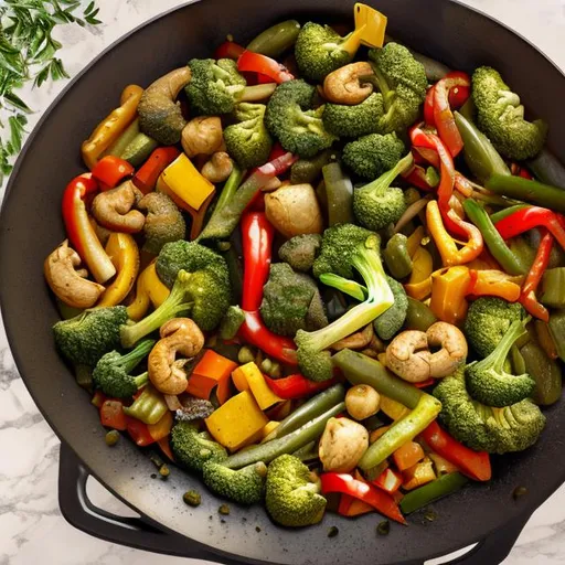 Prompt: Mediterranean vegetables and herbs stir-fry cooking in a pan, photorealistic painting, highly detailed, 8K, vibrant colors