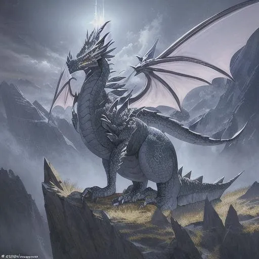 Prompt: Beautifully detailed concept art, A antipodean Opaleye dragon perched atop a mountain peak, surveying its domain, its wings spread wide, intricate scales and horns catching the light, an ethereal aura of power and majesty, Photography, using a wide-angle lens to capture the expansive landscape and the intricate details of the dragon, anime style