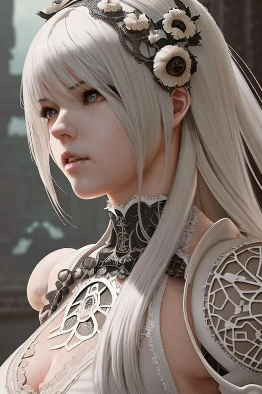 Prompt: ((best quality)), ((masterpiece)), ((realistic)), hd octane render, intricate hyperdetailed best quality 2B from nier automata,beautiful face, cinematic shot, long hair, upper body, centered, 80mm lens, perfect angle, dynamic pose, hyperdetailed ,nier automata interior, white, gothic steampunk wear ,hyperdetailed, hyperdetailed face, gloss lips, (detailed beautiful red eyes, detailed mouth and lip, detailed face, expressive), cinematic lighting, volumetric lighting, studio lighting, neon light, global illumination, reflection, neon reflection, soft shadow,depth of field:0. 4, blur, bloom:0. 2), contrast, vivid color, (Detailed, ultra detailed, finest detail, intricate),