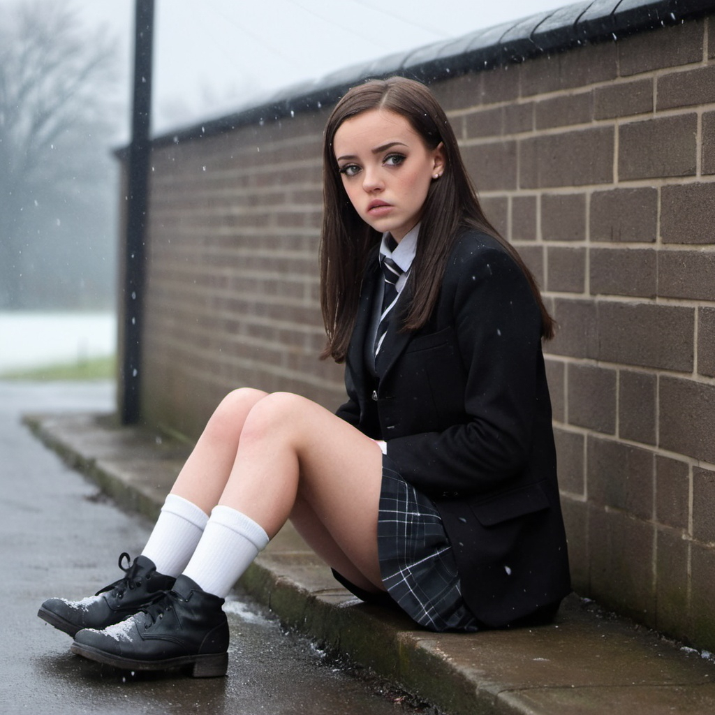 Hannah Diamond as a tall Brunette schoolgirl with very cold bare legs short white socks black shoe