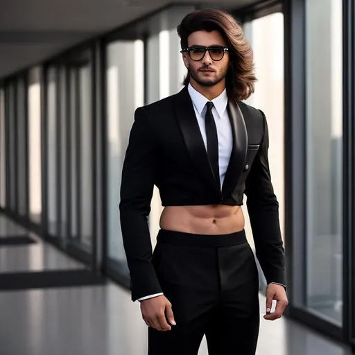 Prompt: a gorgeous 4k hdr photo of an attractive extremely long-haired 20-years old man with a six pack abs and glasses wearing a crop top black long sleeve business suit with a black necktie and black business suit pants, he also has a bare midriff and a bare navel, he has his hands on his hips, looking around, flexing his midriff abs, ((high quality)), ((highly detailed)), ((vibrant))