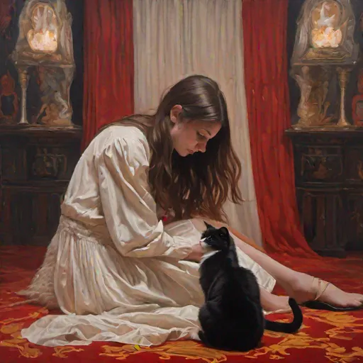 Prompt: a photo of a young human woman with shoulder length brown hair sits facing forward with her legs dangling over the edge of the red and gold lit stage, she is crying and looking at her lap. a ghost cat is sitting at her left. the cat's colors are black and white. high resolution, 100k, UHD. realistic. vintage painting. victorian