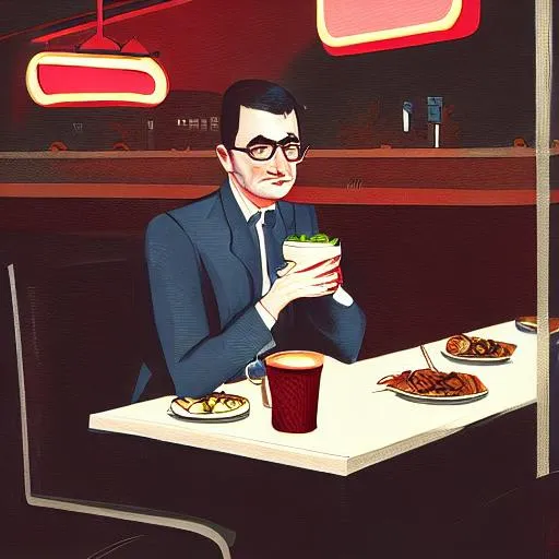 Prompt: John Oliver eating at a diner at night, big city, noir