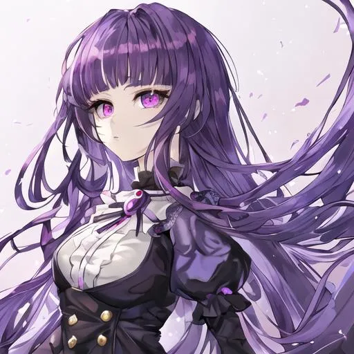 Prompt: a anime girl who looks almost like a porcelain doll with dark purple hair