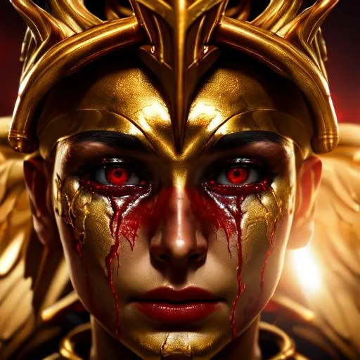 Prompt: Crying blood, cracked skin, red, gold, god-like figure, diety, divine, evil, War captain, Highly Detailed, Hyperrealistic, sharp focus, Professional, UHD, HDR, 8K, Render, HD, Trending on ArtStation,