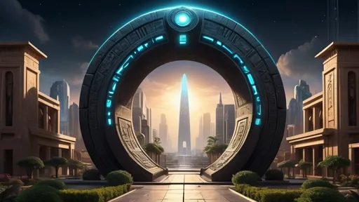 Prompt: magical portal between cities realms worlds kingdoms, circular portal, ring standing on edge, upright ring, freestanding ring, hieroglyphs on ring, complete ring, ancient egyptian architecture, gardens, hotels, office buildings, shopping malls, large wide-open city plaza, panoramic view, dark night, futuristic cyberpunk tech-noir setting