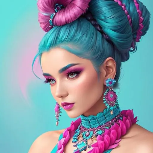 Prompt: An extremely gorgeous woman,  with top knots full of cyan jewels, in color scheme of cyan and magenta