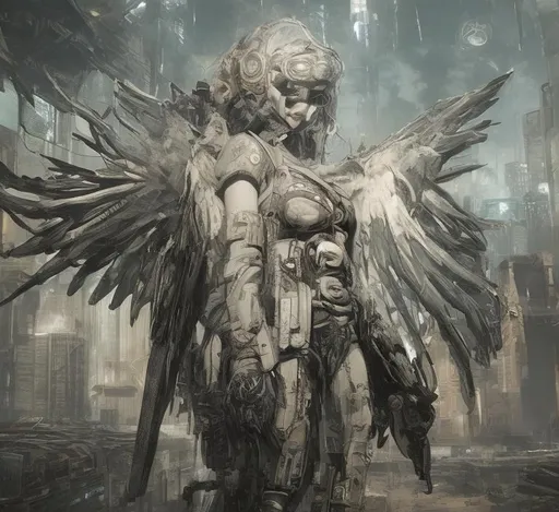 Prompt: Cyberpunk angel in a wasteland 


