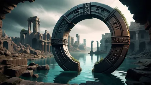 Prompt: magical portal between cities realms worlds kingdoms, circular portal, ring standing on edge, upright ring, freestanding ring, hieroglyphs on ring, broken ring, ruins, crumbling pillars, broken archways, ancient roman architecture, sunken underwater setting, panoramic view, futuristic cyberpunk tech-noir setting