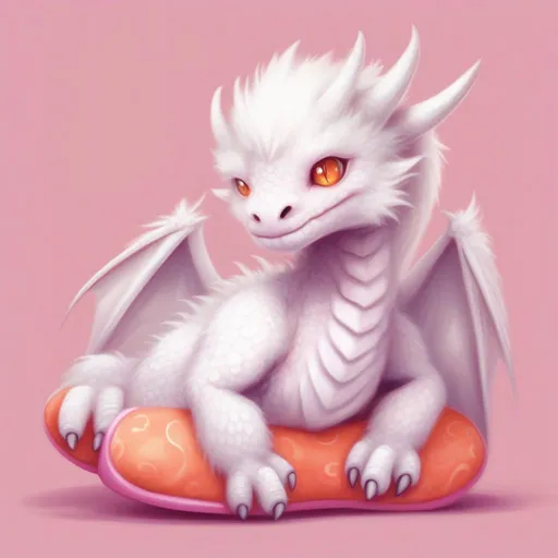 Prompt: dnd a small white very fluffy dragon with orange eyes laying inside of a pink slipper 