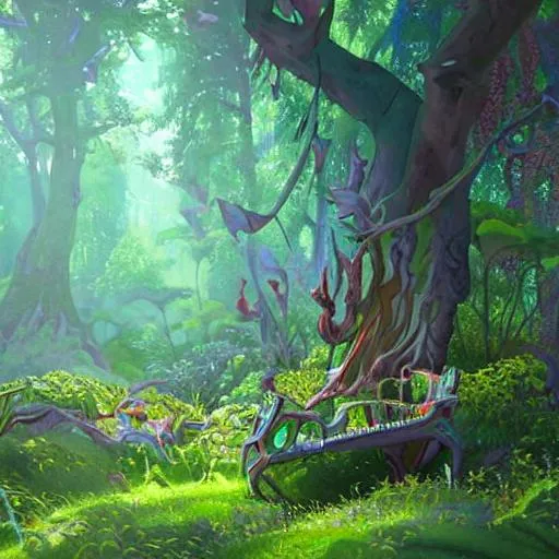 Prompt: concept art of fanatsy chair with similar to painting of a mystical alien fantasy forest. with fog and strange colorful plants, realistic, detailed, cel shaded, magenta and blue and green, in the style of makoto shinkai and greg rutkowski and james gurney