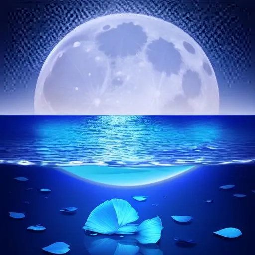 Prompt: A full blue moon with its reflection in the ocean, rose petals floating on the water