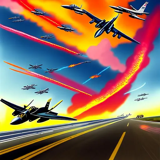 Prompt: Subject: "Highway to the Danger Zone"
Descriptions: A busy Highway on the ground with Fighter planes soaring overhead, sleek and powerful, leaving trails of exhaust in the sky. Dynamic aerial maneuvers, intense dogfights, adrenaline-filled action.
Environment: Vast open sky, clouds swirling, sun setting in a fiery explosion of colors.
Mood/Feelings: Thrill, danger, excitement, urgency, patriotism.
Artistic Medium/Techniques: Digital illustration, bold color palette, strong contrasts, meticulous attention to detail.
Artists/Illustrators/Art Movements: Tom Cruise, Top Gun movie poster, 80s retro aesthetic, vaporwave, propaganda art.
Camera Settings: High-resolution digital camera, vibrant saturation, wide-angle lens, over the shoulder point of view.