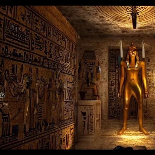 Prompt: Egyptian tomb, Anubis, ultra HD, fire lit, hieroglyphics, ultra crisp, 16k, unreal engine 5, sharp definition, mystical feel, insanely epic, mythology, gods, amazing quality 
