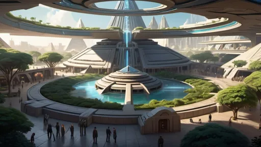 Prompt: Stargate in the middle of a city plaza, futuristic setting, aerial view, star portal, pyramid spaceships, floating pyramids, hanging gardens, detailed fantasy art, Clint Cearley style, League of Legends art, futuristic gardens, highres, detailed, aerial perspective, fantasy art, sci-fi, futuristic, star portal, detailed architecture, egyptian architecture, professional, magical lighting, atlantis setting