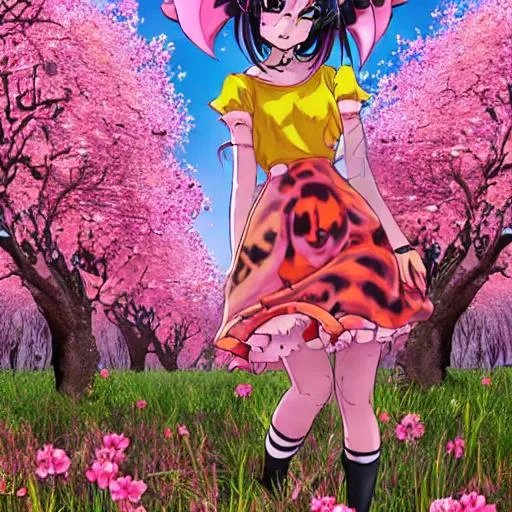 Prompt: Hyper realism cat girl anime in pink and yellow dress surrounded by zombies n a field of cherry blossom looking surprisingly not afraid 