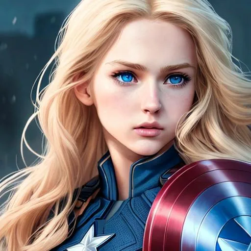 Prompt: Girl version of Captain America, Blond long wavy hair, natural pinkish lips, strong jawline, delicate nose, blue eyes, shield in like Captain America's, full body seen,  hero post realistic,3k, ultra hd