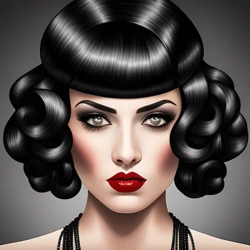 Prompt: 20's fashionable  flapper girl,black finger curl hair, red lips, facial closeup
