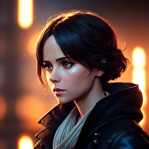 Prompt: Jyn Erso from Star Wars, aesthetic, award winning, artgerm, mucha, volumetric lighting, octane , high detailed, intricate, epic composition, cinematic lighting, masterpiece, stunning, smooth,  award - winning photoart, by conrad roset, by yoshitaka amano, by greg rutkowski, concept art, beautiful face, 4k, david yates