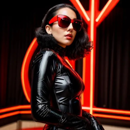 Prompt: Beautiful woman from a random country, futuristic black sunglasses wearing a red and black latex futuristic avant-garde dress, in a catholic church, highly detailed, ambient light, red neon lights, close-up, provocative.